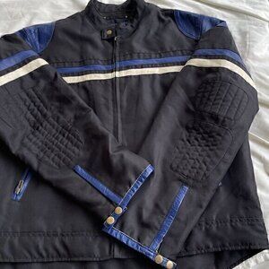 Vintage Wilson’s Genuine Leather Black Blue Stripped Moto Jacket Men’s Sz XL